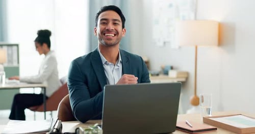 Portrait of man with smile, laptop and coworking space for research, online article
