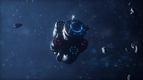 Spaceship in Deep Space Flying Through the Universe