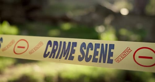 Police, yellow line and crime scene in outdoor for murder, homicide and restricted area