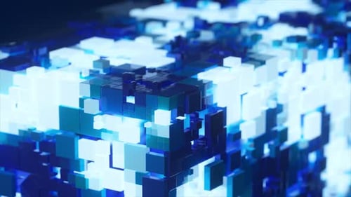 Abstract Digital Cube Composed of Illuminated Blue and White Pixelated Blocks Showcasing Intricate