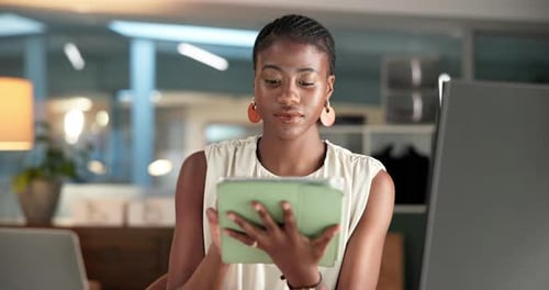 Tablet, thinking and black woman in office for research on creative project with online blog