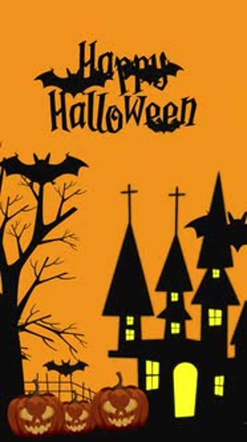 Happy Halloween Animated Graphic with Flying Bats and Spooky Haunted House