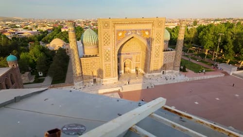 Aerial View of the SherDorMadrasa on Registan Square in Samarkand Uzbekistan