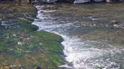 a river of water flows quickly over the stones
