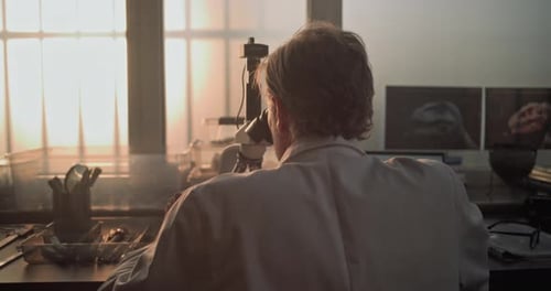 Microbiólogo maduro analisa amostra fóssil sob microscópio