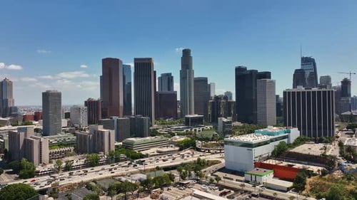 Aerial View of Downtown LA Drone Flight Over Los Angeles City Center LA Skyline Rising Over American