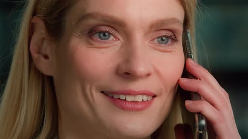 Close Up Female Face Talking Mobile Phone Caucasian Middleaged Adult Smiling 40s Woman Business Lady