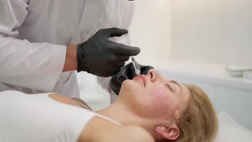 Woman Receiving Lip Injection in a Clinic