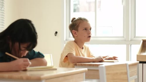 Children working at desks in classroom writing lessons