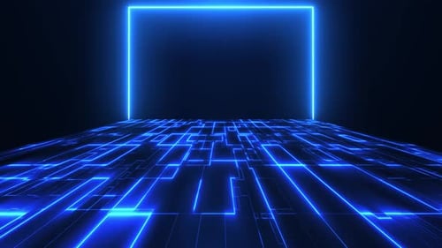 Digital futuristic tunnel or travel through time. moving with bright neon lines. High technology