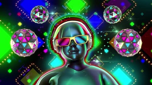 Vibrant Neon Animated Figure with Headphones and Disco Balls