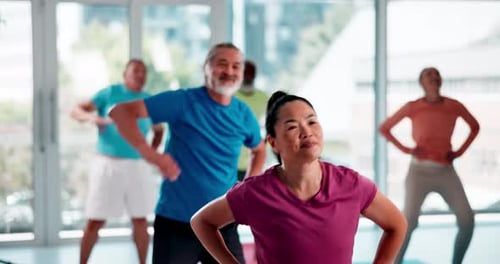 Fitness, stretching and mature people in yoga class for exercise, training