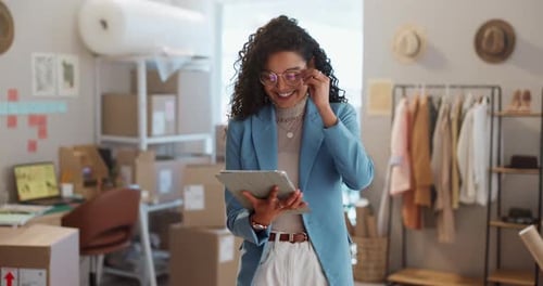Happy woman, startup or tablet for fashion e commerce, small business or inventory in shop