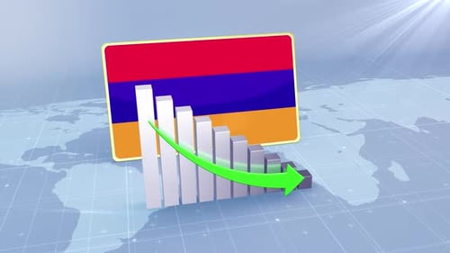Armenia Flag With Decrease Bar Chart Graph And Arrow Green