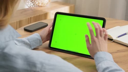 Woman Use Digital Tablet Green Screen Tap Middle Press Center Click Swiping