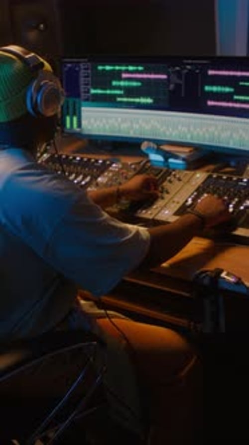 Black Male Sound Engineer Adjusting Settings on Mixing Desk