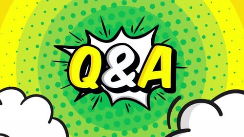 Animierter Frage- und Antworttext auf buntem Comic-Cartoon-Hintergrund
