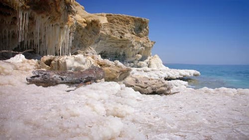 Salt crystals and stalactites, Dead sea, Israel