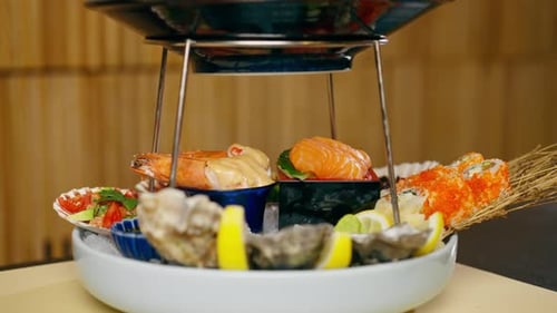 Closeup in a Japanese Restaurant an Expensive Plate of Seafood Ready to Be Served to Guests
