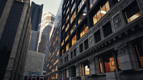 A Bustling City Street with Towering Skyscrapers