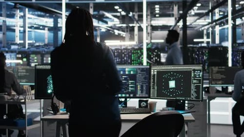 Data Center Programmer Entering Office Uses Node Tree Program