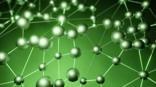 Green and blue background. Design. Bound round molecules made as if under a microscope move in 3d