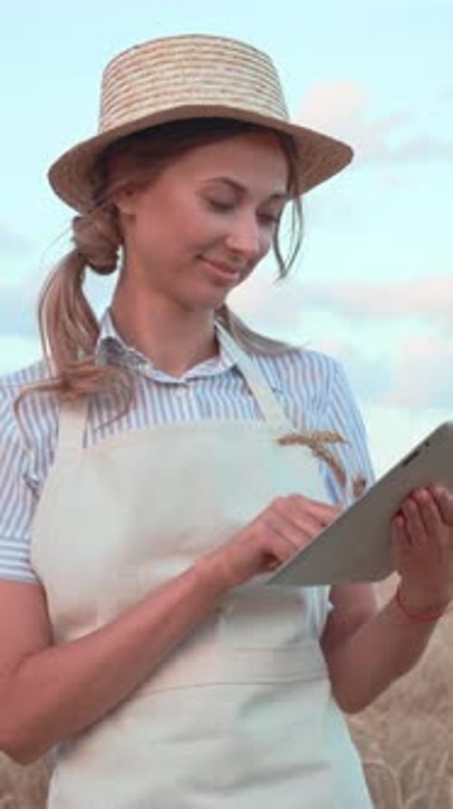 Young Woman in Straw Hat Using Tablet in a Sunny Field During Late Afternoon