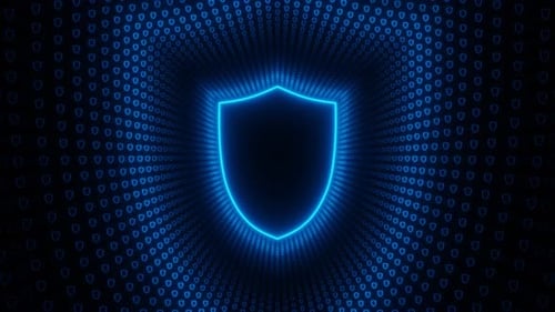 Blue Glowing Neon Shield Cyber Security Loop Background