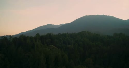 Atmospheric Sunrise Over Fog Covered Tropical Jungle Mountains Aerial View