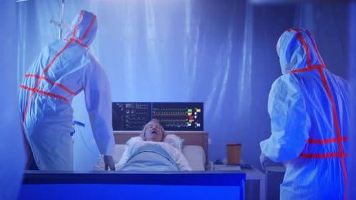 Doctors and Covid-19 Patient with Oxygen Mask in Bed in Hospital, Coronavirus