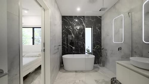 Modern Luxurious Marble Tiled Bathroom Freestanding Bath Led Mirror Sleek Vanity White Counter Basin
