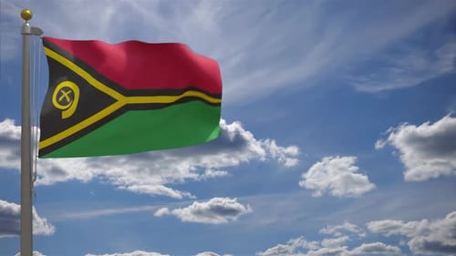 Vanuatu Flag Waving Against Blue Sky and Clouds
