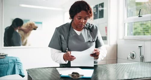 Woman, veterinarian and documents with clipboard at clinic for animal healthcare services