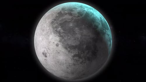 Realistic Rotating Moon with Blue Glow in Dark Deep Space