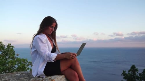 Woman Laptop Sea Working Remotely on Seashore Happy Successful Woman Female Freelancer Working on