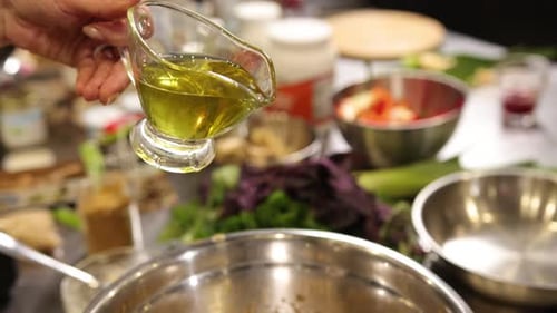 Pouring Oil Fresh Vegetables Cooking Process