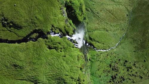 Waterfall in Iceland Beautiful Green Summer Season Volcanic Pure Mountain River Aerial View