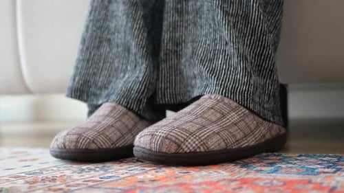 Feet Wearing Plaid Slippers Standing on Rug