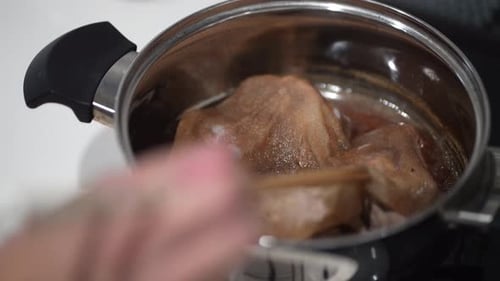 Cooking Meat in Pot on Stove Top