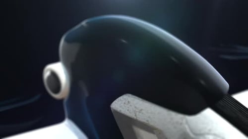 Seitenansicht einer futuristischen LED-Drohne in einem dunklen Studio