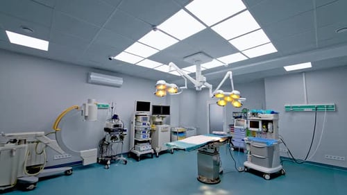 Modern hospital operating room. Professional surgery emergency equipment.