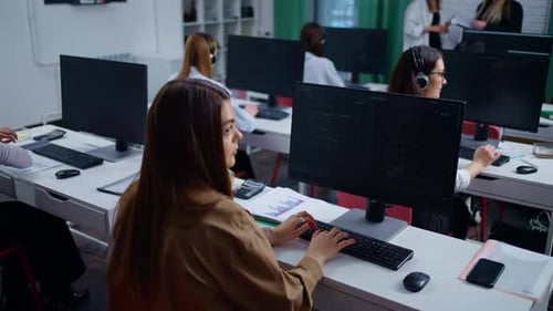 Office Of Web Development Company Young Female Professional Programmers Working With Computers