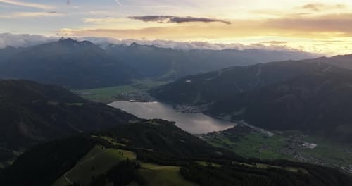 Mountain Lake Valley at Golden Hour Aerial View