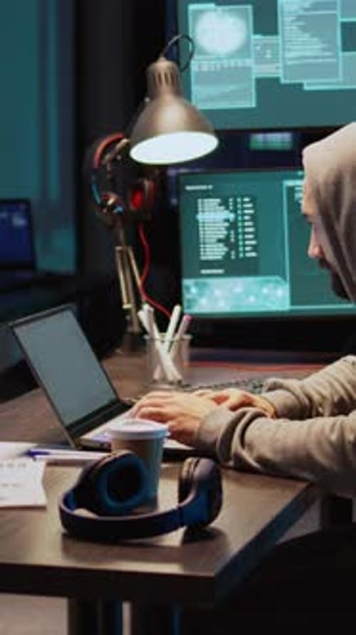 Vídeo vertical para jovens adultos hackeando senha para quebrar a interface do servidor