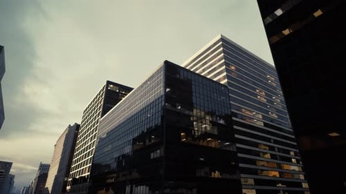 Enfoque arquitectónico en torres de cristal con un dramático fondo de atardecer