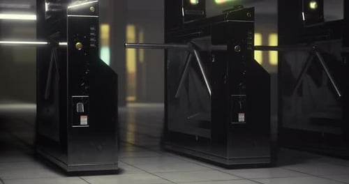 Turnstiles Guide Entry Into a Modern Transit Station at Night