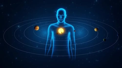 Human Silhouette with Planets Orbiting Energy Core Animation