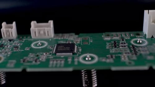 Close up dolly shot of side view of complex printed Circuit board, an important hardware component f