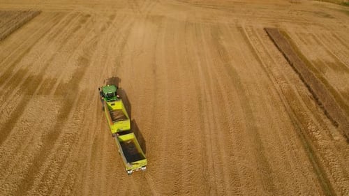 Tractor harvester collecting crops in a large field with visible tracks on the ground.