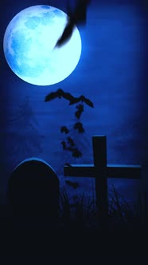 Halloween Night Background with Grave and Flying Bats Portrait